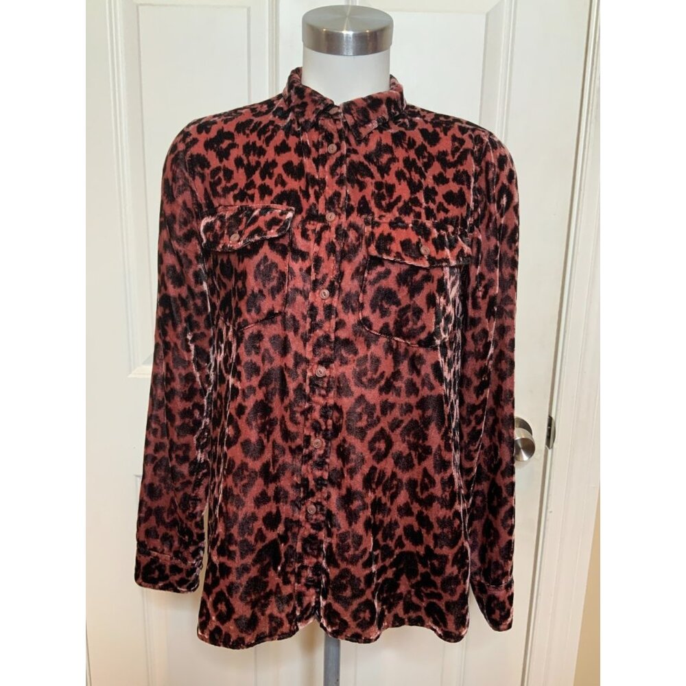 J.Crew Dark Pink Black Velvet Leopard Print Button Up Shirt, Size 8